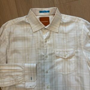 Tommy Bahama Shirt Men’s Large White Tan Plaid Cotton Button Down Long Sleeve